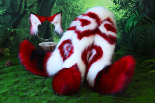 3 tailed kitsune tail and ear set faux fur red white 3 fox tails and ears kitten ear and tail plug set wolf ear and tail butt plug anime cosplay role play