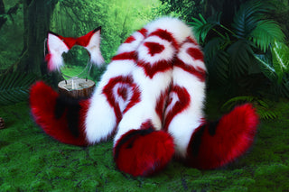 3 tailed kitsune tail and ear set faux fur red white 3 fox tails and ears kitten ear and tail plug set wolf ear and tail butt plug anime cosplay role play