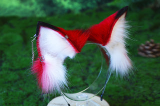 3 tailed kitsune tail and ear set faux fur red white 3 fox tails and ears kitten ear and tail plug set wolf ear and tail butt plug anime cosplay role play