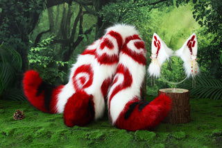 Red white 3 tailed kitsune tail and ear faux fur 3 fox tail and ears therian kitten ear and tail cat ear and tail butt plug anime cosplay role play