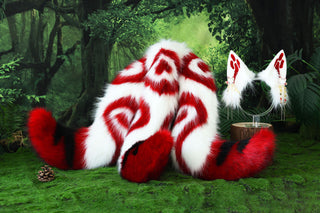 Red white 3 tailed kitsune tail and ear faux fur 3 fox tail and ears therian kitten ear and tail cat ear and tail butt plug anime cosplay role play