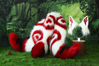 Red white 3 tailed kitsune tail and ear faux fur 3 fox tail and ears therian kitten ear and tail cat ear and tail butt plug anime cosplay role play