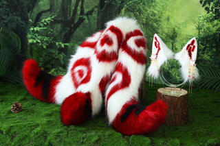 Red white 3 tailed kitsune tail and ear faux fur 3 fox tail and ears therian kitten ear and tail cat ear and tail butt plug anime cosplay role play