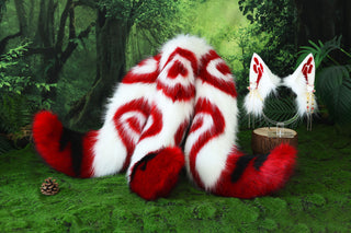 Red white 3 tailed kitsune tail and ear faux fur 3 fox tail and ears therian kitten ear and tail cat ear and tail butt plug anime cosplay role play
