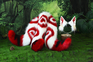 Red white 3 tailed kitsune tail and ear faux fur 3 fox tail and ears therian kitten ear and tail cat ear and tail butt plug anime cosplay role play