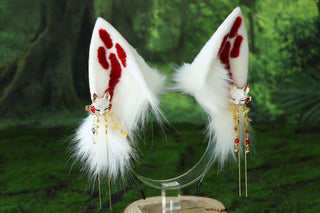 Red white 3 tailed kitsune tail and ear faux fur 3 fox tail and ears therian kitten ear and tail cat ear and tail butt plug anime cosplay role play