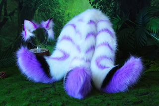 3 tailed kitsune tail and ear faux fur purple white 3 fox tail plug and ear kitten ear and tail butt plug set wolf ear and tail anime cosplay role play