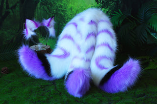 3 tailed kitsune tail and ear faux fur purple white 3 fox tail plug and ear kitten ear and tail butt plug set wolf ear and tail anime cosplay role play