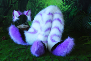 3 tailed kitsune tail and ear faux fur purple white 3 fox tail plug and ear kitten ear and tail butt plug set wolf ear and tail anime cosplay role play