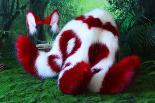 3 tailed kitsune tail and ear faux fur white red 3 fox tail butt plug and ear kitten ear and tail plug set wolf ear and tail anime cosplay role play
