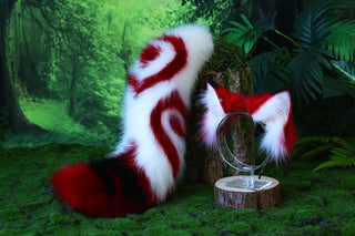 Stitching faux fur red white fox ears and tail curved wolf tail and ears cat tail and ears kitten ears and tail butt plug set anime cosplay role play
