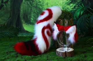 Stitching faux fur red white fox ears and tail curved wolf tail and ears cat tail and ears kitten ears and tail butt plug set anime cosplay role play