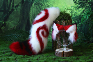 Stitching faux fur red white fox ears and tail curved wolf tail and ears cat tail and ears kitten ears and tail butt plug set anime cosplay role play