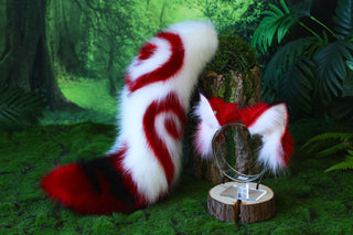 Stitching faux fur red white fox ears and tail curved wolf tail and ears cat tail and ears kitten ears and tail butt plug set anime cosplay role play