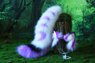 Stitching faux fur purple white fox ear and tail curved wolf tail and ear cat tail plug and ear kitten ears and tail set anime cosplay role play