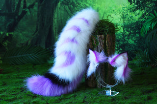 Stitching faux fur purple white fox ear and tail curved wolf tail and ear cat tail plug and ear kitten ears and tail set anime cosplay role play