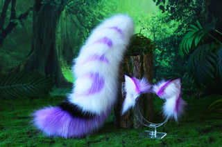 Stitching faux fur purple white fox ear and tail curved wolf tail and ear cat tail plug and ear kitten ears and tail set anime cosplay role play