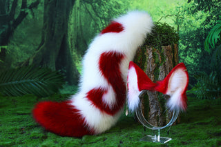 Stitching faux fur red white fox ear and tail curved wolf tail and ear cat tail plug and ear kitten ears and tail set anime cosplay role play