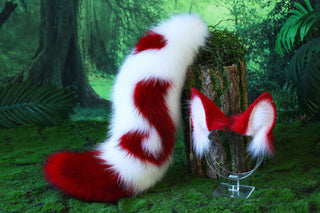 Stitching faux fur red white fox ear and tail curved wolf tail and ear cat tail plug and ear kitten ears and tail set anime cosplay role play