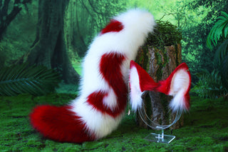 Stitching faux fur red white fox ear and tail curved wolf tail and ear cat tail plug and ear kitten ears and tail set anime cosplay role play