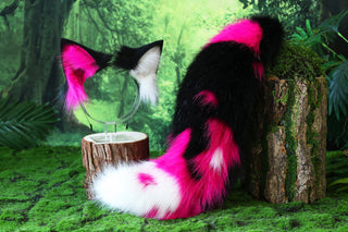 Realistic faux fur fox tail and ear set neon pink black splicing wolf ear and tail anime cosplay therian cat ear and tail kitten kemonomimi