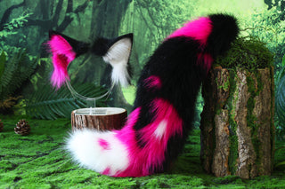 Realistic faux fur fox tail and ear set neon pink black splicing wolf ear and tail anime cosplay therian cat ear and tail kitten kemonomimi