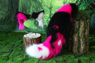 Realistic faux fur fox tail and ear set neon pink black splicing wolf ear and tail anime cosplay therian cat ear and tail kitten kemonomimi