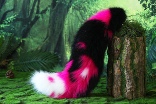 Realistic faux fur fox tail and ear set neon pink black splicing wolf ear and tail anime cosplay therian cat ear and tail kitten kemonomimi