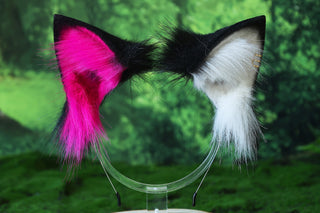 Realistic faux fur fox tail and ear set neon pink black splicing wolf ear and tail anime cosplay therian cat ear and tail kitten kemonomimi