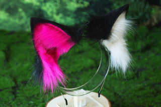 Realistic faux fur fox tail and ear set neon pink black splicing wolf ear and tail anime cosplay therian cat ear and tail kitten kemonomimi