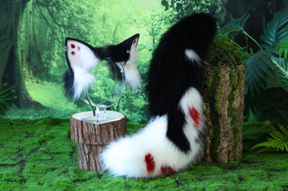 Realistic faux fur fox tail and ear set neon black splicing wolf ear and tail anime cosplay therian cat ear and tail kitten kemonomimi furry
