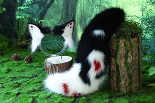 Realistic faux fur fox tail and ear set neon black splicing wolf ear and tail anime cosplay therian cat ear and tail kitten kemonomimi furry