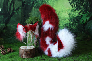 Red white faux fur shepherd dog tail and ear set Shiba Inu dog ear and tail anime cosplay therian puppy ear and tail puppy girl kemonomimi