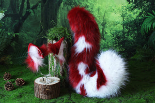 Red white faux fur shepherd dog tail and ear set Shiba Inu dog ear and tail anime cosplay therian puppy ear and tail puppy girl kemonomimi