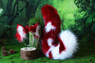 Red white faux fur shepherd dog tail and ear set Shiba Inu dog ear and tail anime cosplay therian puppy ear and tail puppy girl kemonomimi