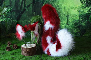 Red white faux fur shepherd dog tail and ear set Shiba Inu dog ear and tail anime cosplay therian puppy ear and tail puppy girl kemonomimi