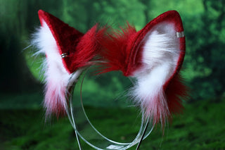 Red white faux fur shepherd dog tail and ear set Shiba Inu dog ear and tail anime cosplay therian puppy ear and tail puppy girl kemonomimi