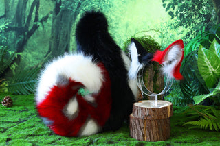 Red black faux fur shepherd dog tail and ear set Shiba Inu dog ear and tail butt plug anime cosplay therian puppy ear and tail puppy girl kemonomimi