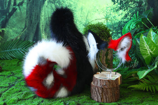 Red black faux fur shepherd dog tail and ear set Shiba Inu dog ear and tail butt plug anime cosplay therian puppy ear and tail puppy girl kemonomimi