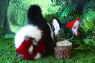 Red black faux fur shepherd dog tail and ear set Shiba Inu dog ear and tail butt plug anime cosplay therian puppy ear and tail puppy girl kemonomimi