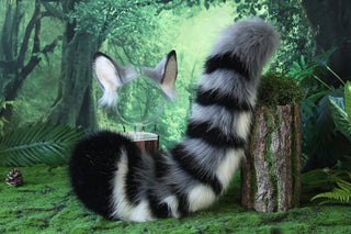 Faux fur tabby cat ears and tail butt plug gray black stripe kitten tail and ears lynx cat tail and ears therian anime cosplay tabby cat kemonomimi