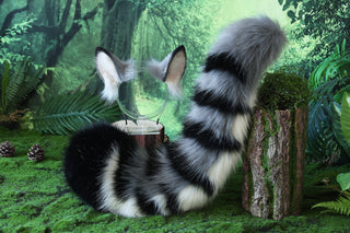 Faux fur tabby cat ears and tail butt plug gray black stripe kitten tail and ears lynx cat tail and ears therian anime cosplay tabby cat kemonomimi