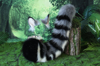 Faux fur tabby cat ears and tail butt plug gray black stripe kitten tail and ears lynx cat tail and ears therian anime cosplay tabby cat kemonomimi
