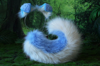 Blue beige faux fur shepherd dog tail and ear set Shiba Inu dog ear and tail anime cosplay therian puppy ear and tail puppy girl kemonomimi