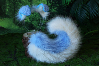 Blue beige faux fur shepherd dog tail and ear set Shiba Inu dog ear and tail anime cosplay therian puppy ear and tail puppy girl kemonomimi