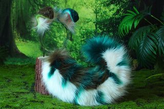 Faux fur shepherd dog tail and ear green white splicing shiba Inu dog ear and tail butt plug anime cosplay therian puppy ear and tail puppy girl kemonomimi