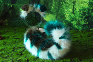 Faux fur shepherd dog tail and ear green white splicing shiba Inu dog ear and tail butt plug anime cosplay therian puppy ear and tail puppy girl kemonomimi