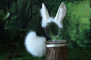 White bunny ear and tail plug set bendable faux fur bunny ear cosplay rabbit ear and tail neko ear petplay ear bunny play anime cosplay