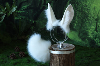White bunny ear and tail plug set bendable faux fur bunny ear cosplay rabbit ear and tail neko ear petplay ear bunny play anime cosplay