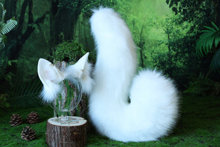 White faux fur shepherd dog tail and ear set Shiba Inu dog ear and tail anime cosplay therian puppy ear and tail puppy girl kemonomimi boy